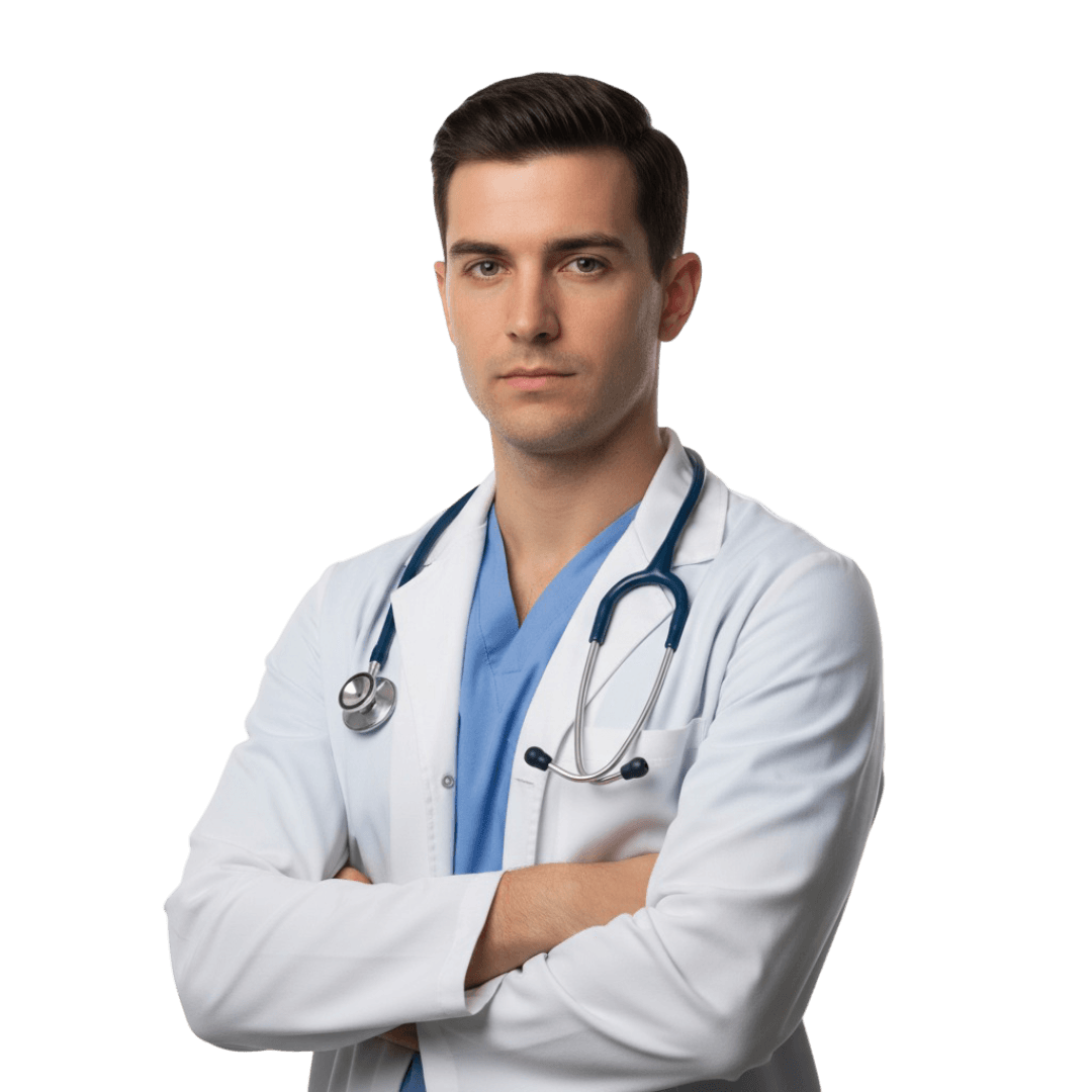 Médico Residente - Profissional qualificado em jaleco branco com estetoscópio